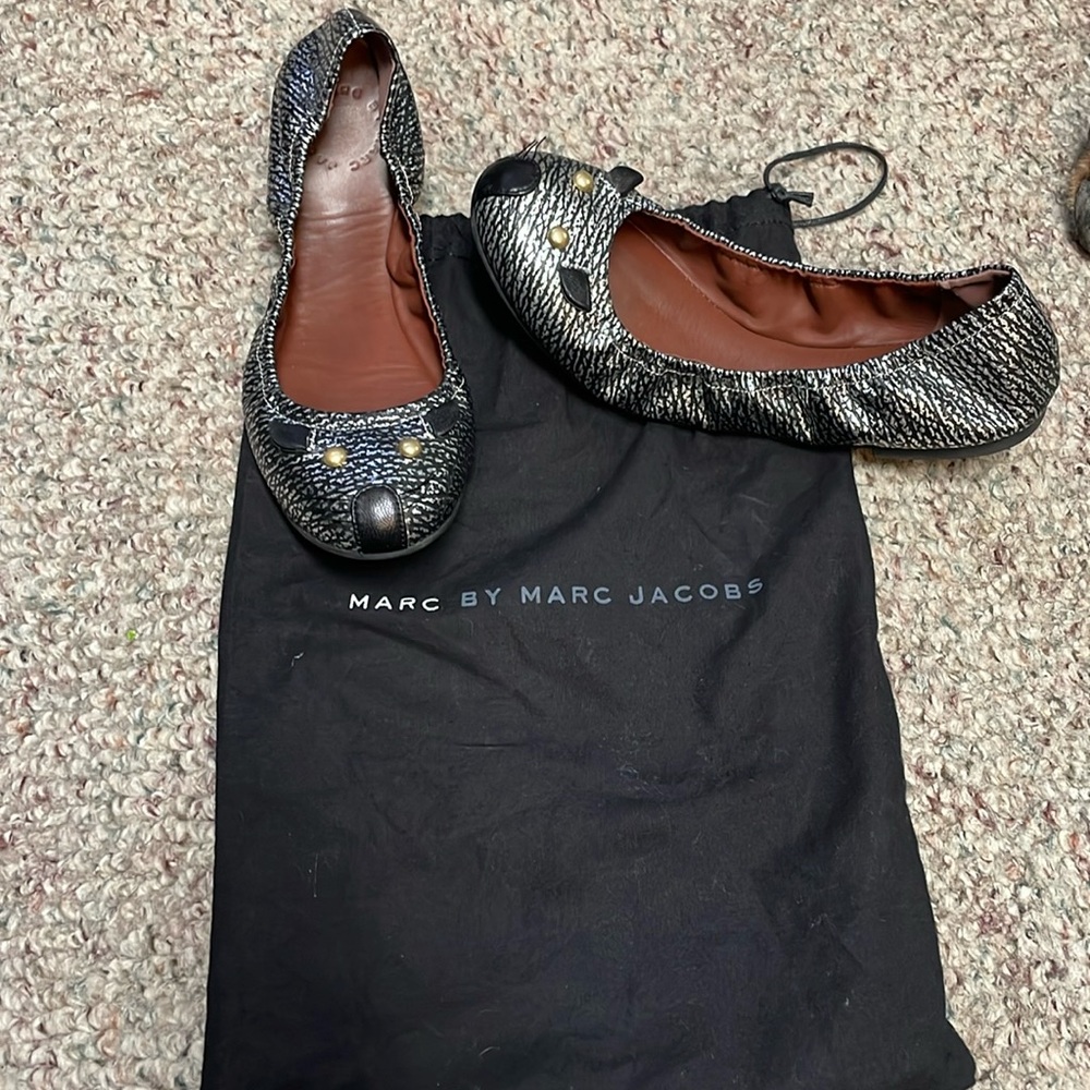 Marc Jacobs Black Textured Ballet Flats with Gold Studs